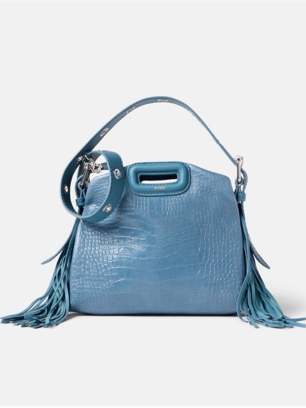 Maje Blue Croc-Embossed Fringe Shoulder Bag